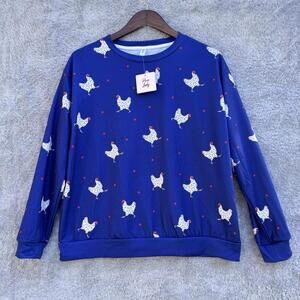 Pixie Lady Womens  Long Sleeve Top Size L/XL Chicken Design Polka Dot Blue